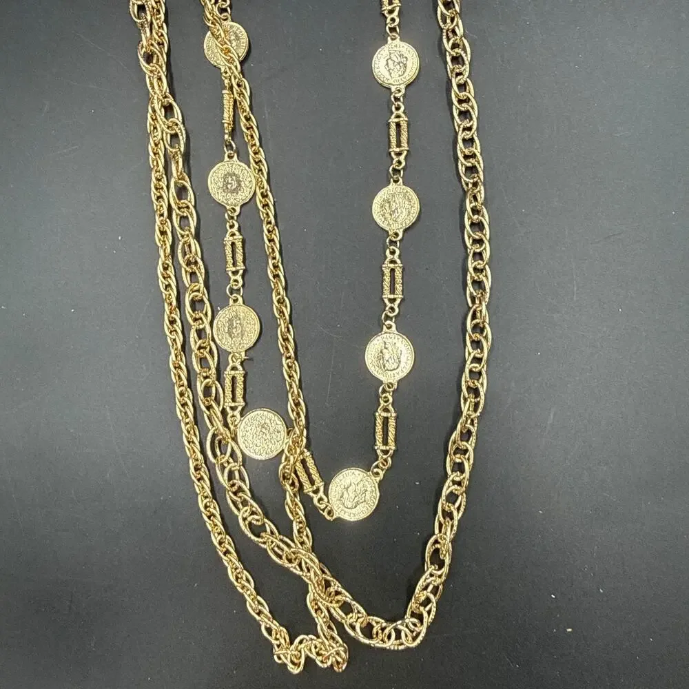 Vintage Gold Tone Chain Necklace Coin Medallions